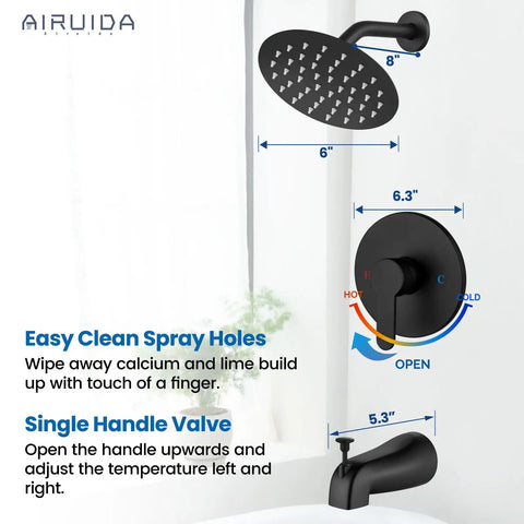 Solid Wall Mount Shower Faucet Set With Heavy Duty 6 Inch Rainfall Head And Smooth Tub Spout In Sharp Matte Black with easy clean spray holes.