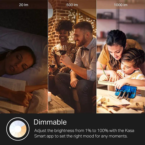 Smart Color Changing WiFi Light Bulbs, 1000 Lumens showing dimmable lighting with three brightness examples: reading, dining, crafting.