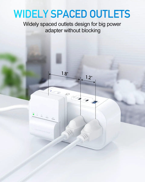 10FT Surge Protector Power Strip With 65W USB C PD and 6 outlets showing wide spacing and two plugged cords, ideal for home office.