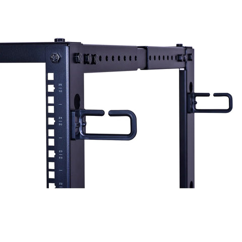 Close-up of adjustable hooks on Heavy Duty 25U Open Frame Server Rack With Smooth Rolling Caster Wheels And Adjustable Depth.