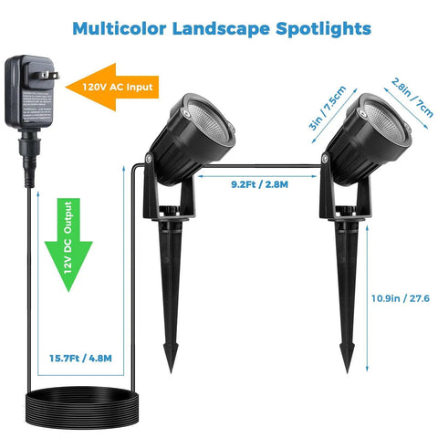 Diagram of Color Changing RGB Outdoor Yard Spot Lights With Remote 12V Low Voltage Waterproof Landscape Uplights For Garden Lawn Path Porch And House With Timer And Memory Function (4 Lights) showing dimensions
