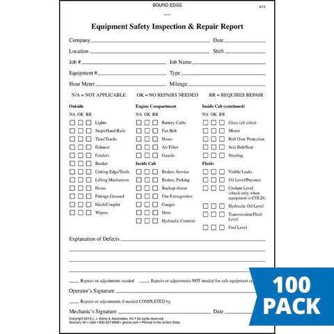 Equipment Safety Inspection Report Book With Thirty Six Point Checklist For Utility Trucks Keeps Your Fleet Road Ready While Tracking Fixes Slick 100 pack of carbonless forms for vehicle safety checks.