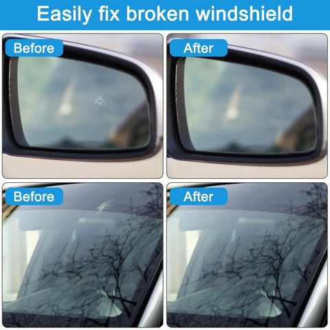 Upgraded Windshield Repair Kit for Chips and Cracks, Quick Fix DIY Star Shaped Crack Repair shown in before and after images