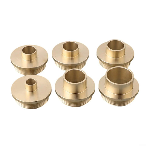 Set of six brass router bushings for precision woodworking projects in Solid Brass Router Template Guide Kit.