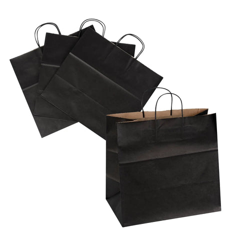 Black 100 Pack Stand Open Paper Shopping Bags With Handles For Grab And Go Takeout And Retail Durable Kraft Paper Carrier Bags 14.17 X 8.26 X 13.19 Inches Easy Carry Totes For Gifts Groceries And Everyday Shop Runs