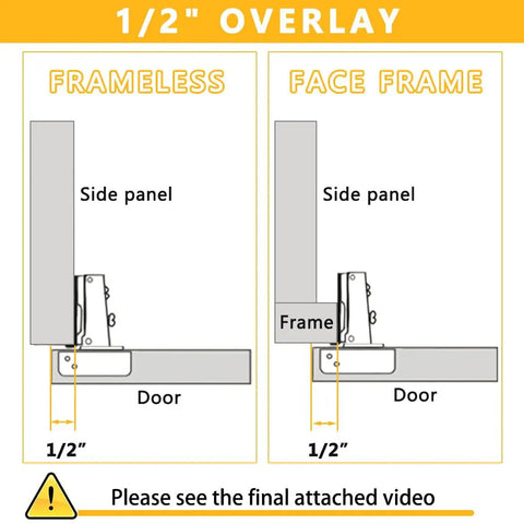 1/2 inch overlay cabinet hinge installation guide showing frameless and face frame configurations for smooth closing 10 pack stainless steel cabinet hinges for half inch overlay doors no sweat install features soft self shut action comes with all mounting hardware to knockout any project and keep cabinet doors silent and snug.