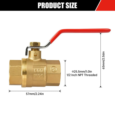 2 Pack Brass 1/2 Inch Full Port Ball Valve With Red Vinyl Handle NPT Female To Female 150 PSI WSP 600 WOG size diagram