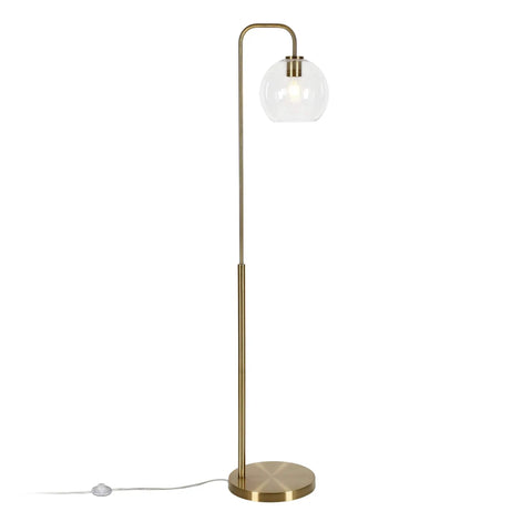Arc Floor Lamp With Glass Shade In Brass And White Milk Glass, Totally Sleek Modern Reading Light For Living Room Or Office