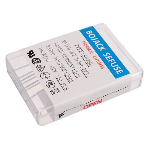 SF76E 77 Degrees Celsius Thermal Fuse 10A 250V Pack of 10 Pro Grade Thermal Cutoffs for Electronics and Appliances No Nonsense High Temp Safety Protector Fast Action Organic Type for Reliable Circuit Protection, pack of 10 in case