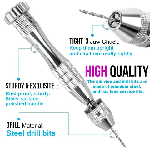 All In One Grab And Go Hand Drill Kit With Pin Vise And Drill Press Vise For DIY Jewelry And Keychain Making Includes 1 Steel Pin Vise