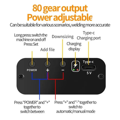 Control panel of Handheld Dual Pulse Spot Welder With 80 Adjustable Speeds And Color Screen Digital Display showing buttons and ports