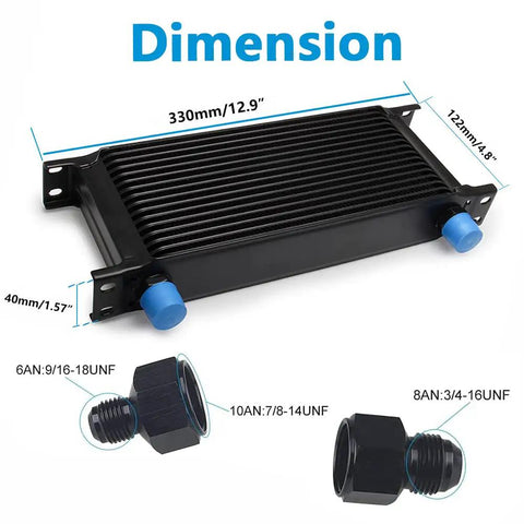 Beefed Up 16 Row AN10 Transmission Oil Cooler Kit With Stacked Plate And 10AN To 6AN And 10AN To 8AN Adapters, dimensions shown