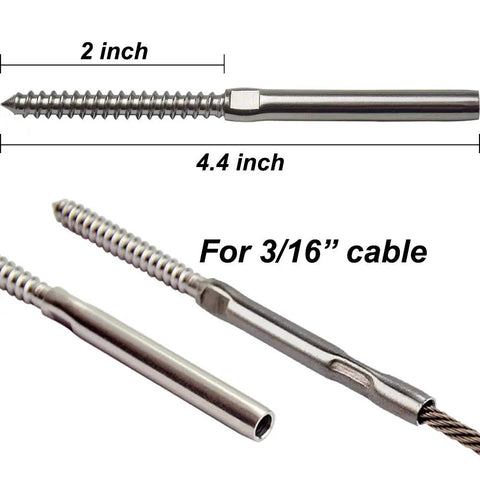 Close-up of 3/16 Inch T316 Stainless Steel Cable Railing Hardware System Kit for wood posts, showing swage lag screws and measurements.