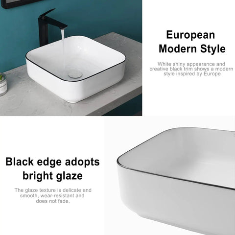 White Square Vessel Sink With Black Trim 15-Inch Above Counter Sink Pop Up Drain Modern European Style Bathroom Vanity Bowl