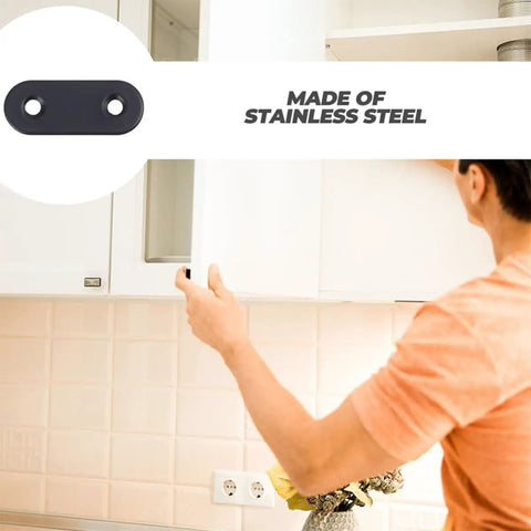 Person installing cabinet with 12 Piece Stainless Steel Flat Corner Brackets for Cabinet and Furniture Reinforcement