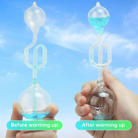 Glass Hand Boiler Science Toy Set 4 Pack For Kids, Hands On Heat Transfer Demonstration showing before and after warming up.