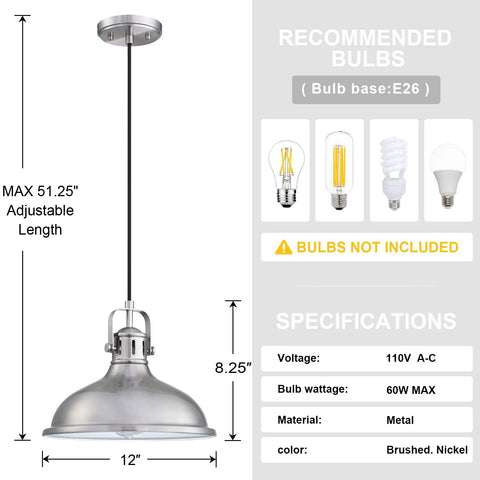 12 Inch LED Pendant Light 2 Pack Industrial Vintage Metal Chandeliers With Brushed Nickel Finish Ceiling Lamp details