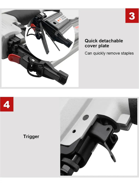Close-up of the Quick Detachable Cover Plate on the Top Shelf 18 Gauge Pneumatic Brad Nailer And Crown Stapler Combo.