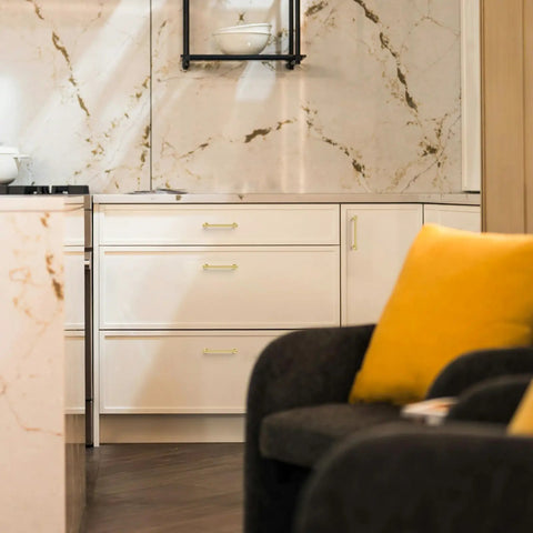 Kitchen cabinets with Six Pack Brushed Gold Aluminum Cabinet Handles With 5 Inch Center Hole Straight Bar Drawer Pulls