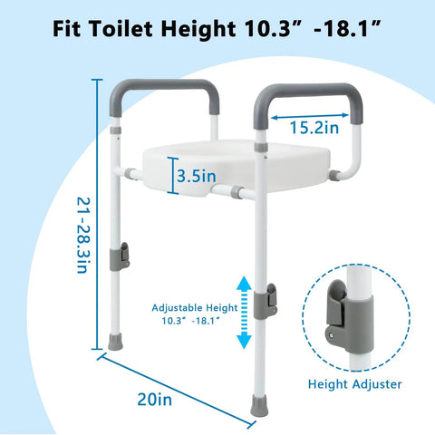 Heavy Duty Raised Toilet Seat Riser With Secure Armrests And Soft Grip Handles And Solid Frame Setup showing adjustable height and dimensions
