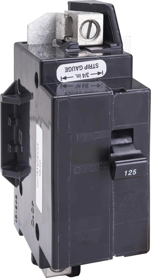 Close-up of Qwik Open 125 Amp Main Circuit Breaker 2 Pole 120/240V AC with bolt-on mount for commercial and residential use.