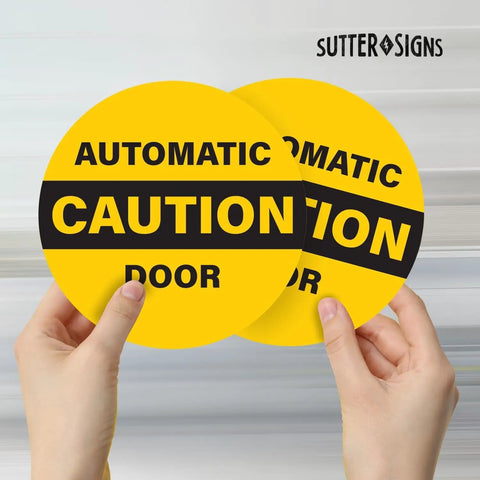 Two Pack Caution Automatic Door Stickers For Sliding Glass Doors Double Sided Weatherproof Vinyl Safety Decals in hand