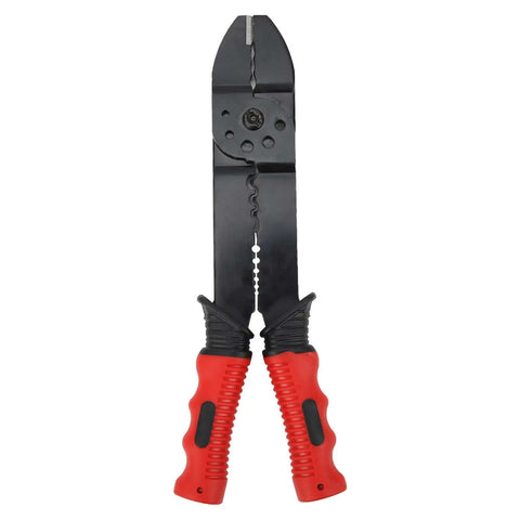 Multi Function Terminal Crimping Tool with Stripper and Wire Cutter, carbon steel blades, ergonomic grip, heavy-duty build for electrical work.