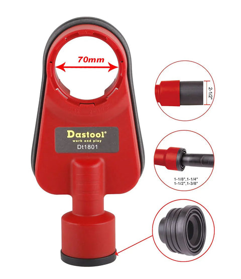 Red universal drilling dust shroud with vacuum suction, fits 3/8 to 2-5/8 inch holes for rotary hammers and drills.