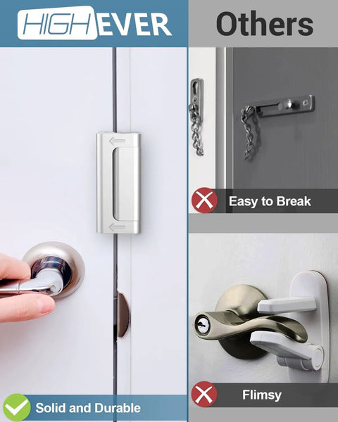 Kick Resistant Front Door Reinforcement Lock Holds Eight Hundred Pounds Tough As Nails Home Security System image comparison showing durable lock and flimsy alternatives.