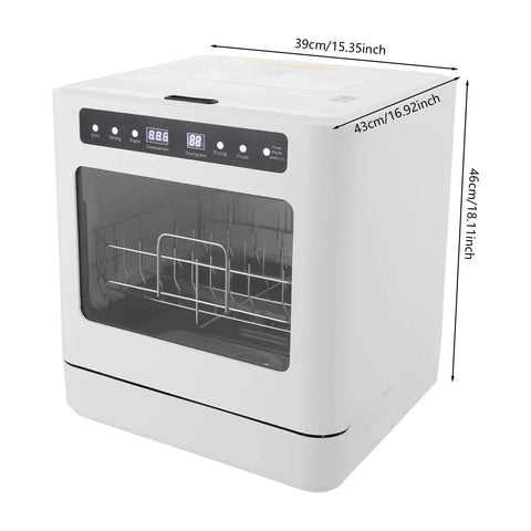 Compact Countertop Dishwasher 1.8 Gallon Capacity Plug And Play Portable Unit With Four Efficient Wash Cycles Slick White Finish, top view with dimensions.