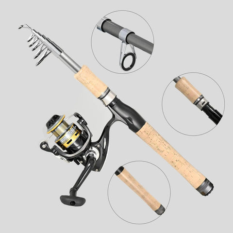 Telescopic Carbon Fiber Fishing Pole Combo Kit With Reel 6.9 Ft Travel Rod Set, close-up of handle and reel components.