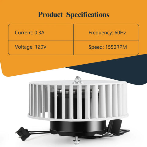 Upgraded Quiet Bathroom Exhaust Fan Motor Replacement showing specs like 0.3A current, 120V, 1550 RPM compatible with ceiling vent fans