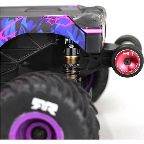 Beefed Up HD Bearing Wheelie Bar Wheels for Arrma Grom MT RC Car with red wheel cover and suspension detail
