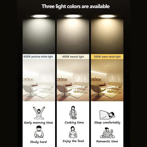 10 Pack Round Recessed LED Downlights Featuring Matte Baffle Trim To Shut Out Annoying Glare For Crisp Daylight Glow Smooth Aluminum Ceiling Lamp Fixtures Effortless DIY Retrofit Setup in three light color options.