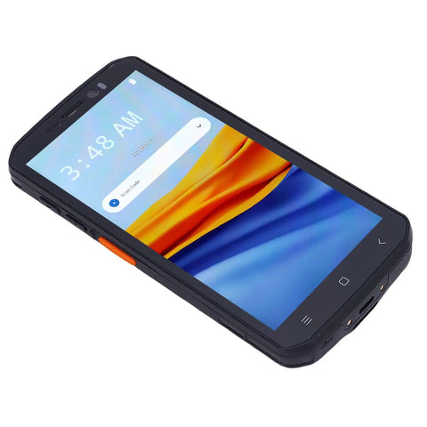 Rugged Handheld Barcode Scanner with 5.5 Inch Touch Screen for Logistics and Warehouse Use, angled view display on Android 14
