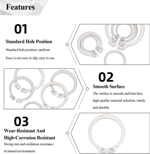 Features of 5 Pcs Of Sick External Retaining Rings Made From 304 Stainless Steel, showing standard hole position and smooth surface.