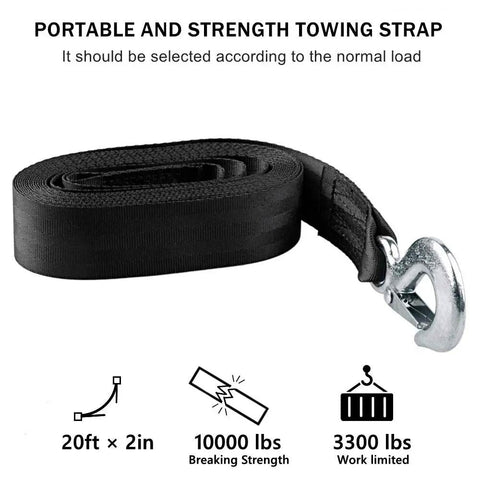 Super Durable Trailer Winch Strap With Safety Snap Hook 2 Inch x 20 Ft for heavy-duty towing, showing black polyester material and metal hook.