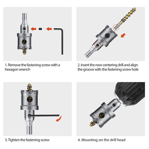Heavy Duty Tungsten Carbide Hole Saw Drill Bit Set assembly instructions with center drill and L-wrench for steel and hard metal