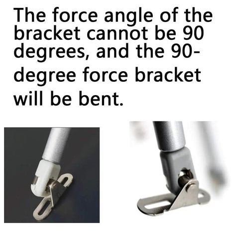 2 Pack 120N Gas Spring Strut Shocks For Cabinets And Toy Boxes With Soft Close Hinges; close-up of bracket and force angle details.