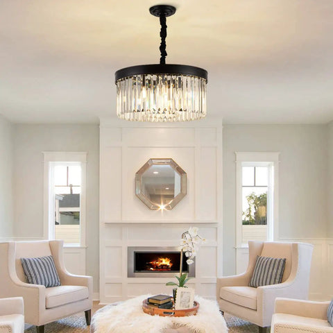Black Crystal Chandelier Pendant Lighting, 2 Tier Modern Round Ceiling Fixture above living room with fireplace