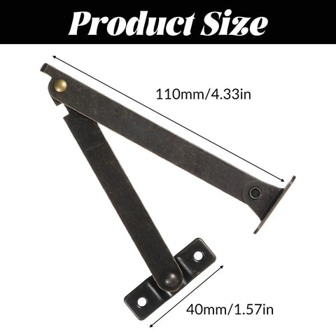 Two Pack Bronze Lid Support Hinges For Jewelry Boxes And Small Chests Antique Folding Lid Stays For Cabinets Cupboards And Wooden Boxes Durable Iron With Bronze Finish Includes Screws And Mini Screwdriver, hinge dimensions shown.