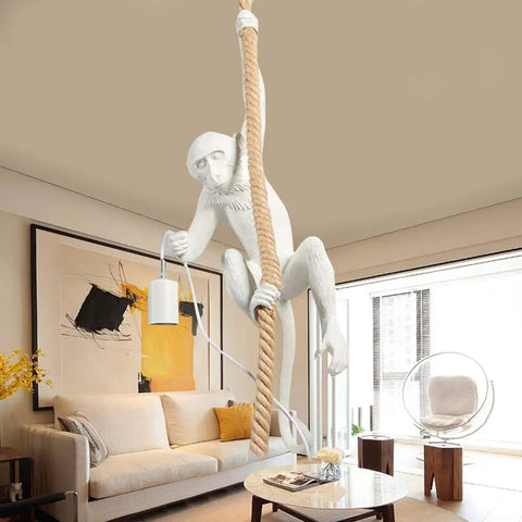 White Monkey Pendant Light Fixture With Hemp Rope, Dope Vintage Loft Style Chandelier in a modern living room setting, featuring E27 socket.