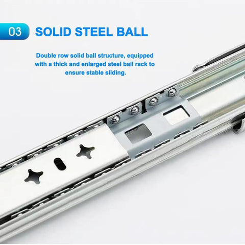 Close-up of 1 Pair 56 Inch Beefy Heavy Duty Drawer Slides With Lock Full Extension Side Mount Ball Bearing Rails 250 Lb Load Capacity