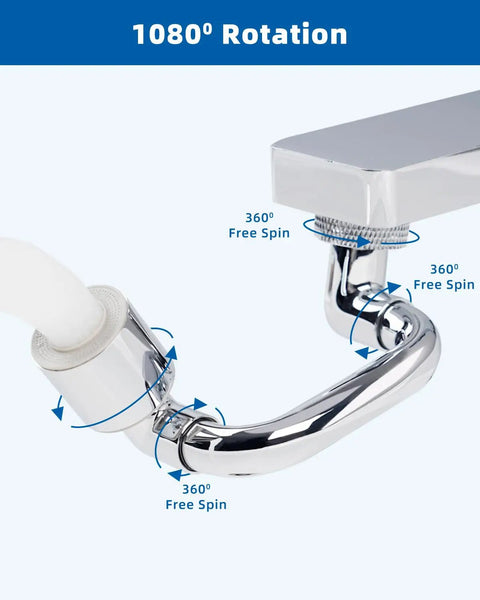 Super Slick Chrome Faucet Extender with 1080 degree rotation showcasing flexible chrome joint for easy access.