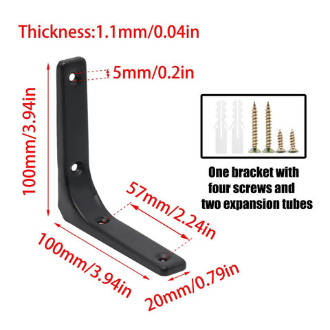 Rock Solid 10 Piece Heavy Duty 4 Inch Black L Brackets With Matching Screws detailed dimensions and hardware included.