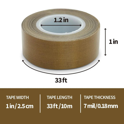 High Temperature PTFE Fiberglass Adhesive Tape 1 Inch Wide By 33 Feet Long 0.18mm Thick roll with dimensions labeled.