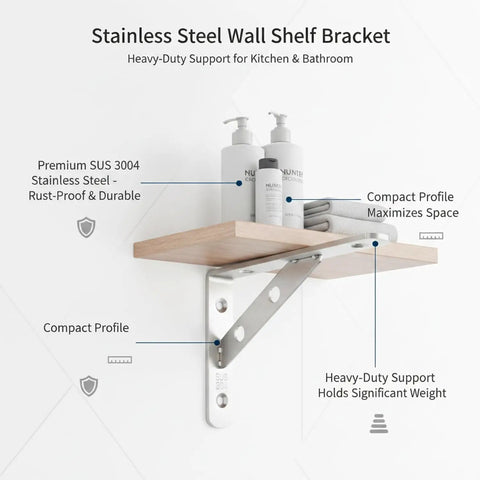 Heavy-Duty Wall Mount Shelf Support with Stainless Steel L-Bracket for Kitchen and Bath Storage, corrosion-resistant finish
