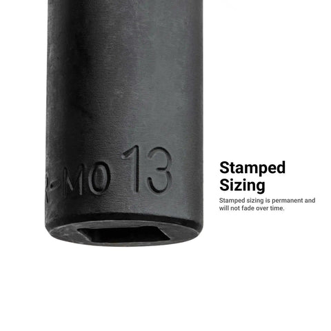 Close-up of 13 mm socket with stamped sizing detail from Three Eighth Inch Drive Shallow Semi Deep And Deep Impact Socket Set Metric Eight To Twenty Two Millimeter 45 Piece Premium Chrome Molybdenum Steel Coated For High Torque Power Tool Jobs.