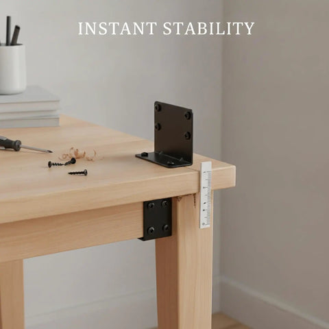 Easy Install L Shaped Corner Brackets With Screws Iron Angle Supports on wooden table corner, showing stability and reinforcement.