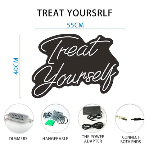 Treat Yourself Neon LED Light For Walls, Custom Neon Light Signs design with dimmers, power adapter, and hanging accessories, 55x40cm